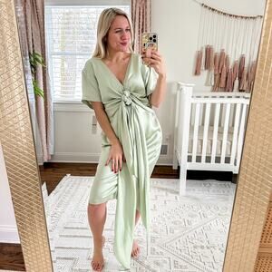 EDUN Liquid Satin Tie Waist Short Sleeve Dress Jade 2 $1100